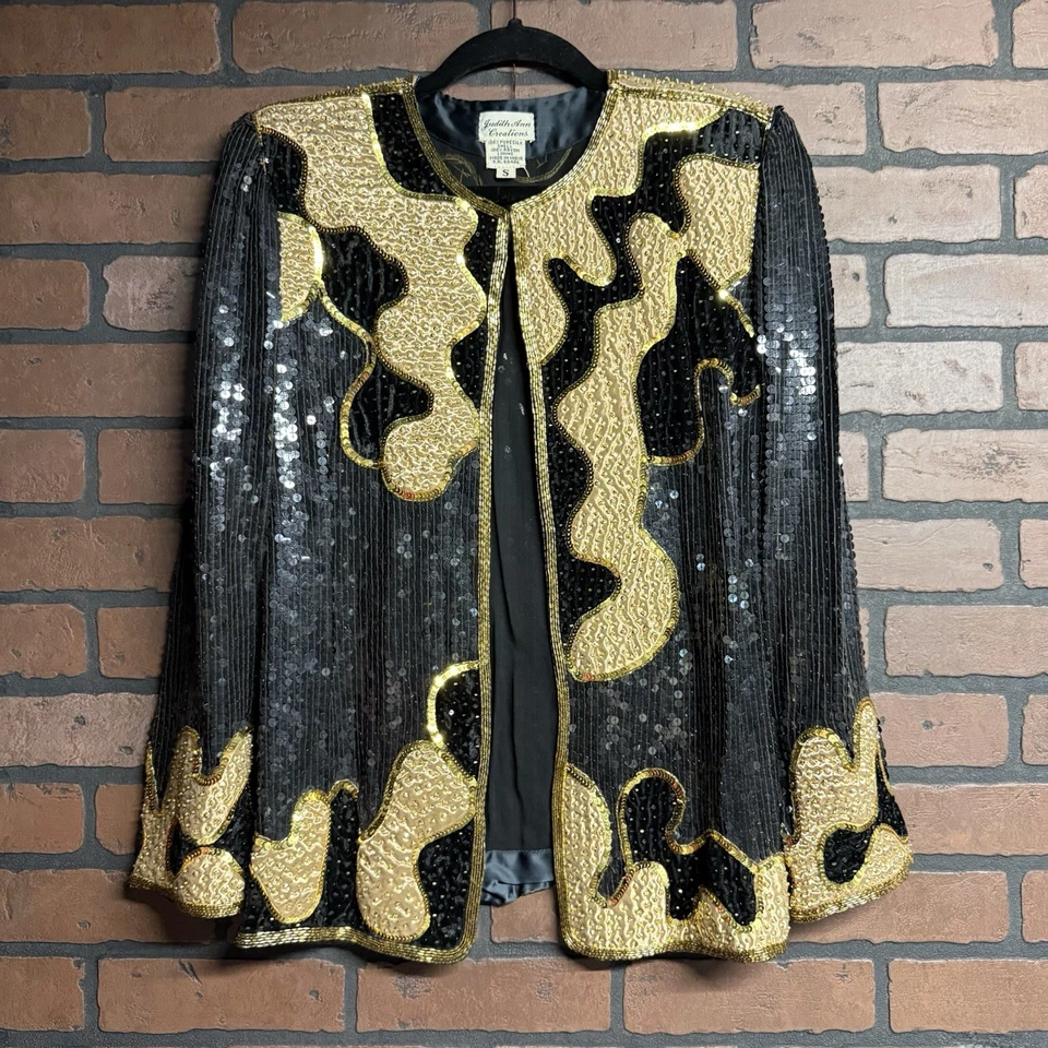 Conjunto Chaqueta De Colección Años 80 Lentejuelas Cuentas Dorado Y Negro Talla S Judith Ann Creations Seda Foto 1 de 3