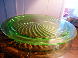 Green Uranium Glass Depression Cake Stand 10" Swirl Dessert server Footed