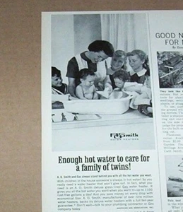 Anuncio impreso 1966 - Calentadores de agua a gas AO Smith familia gemelos bebés niñas niños AD - Imagen 1 de 2