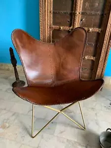 Rústico Retro Metal Industrial Asiento Marrón Vintage Aged Cuero Mariposa Silla - Imagen 1 de 9