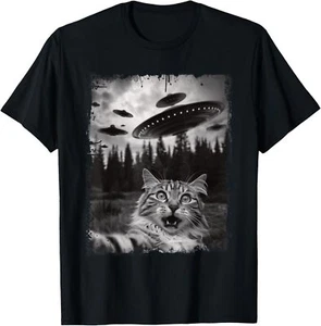 Cat Selfie With Ufo Alien Funny Cat Graphic T-Shirt Hoodie - Picture 1 of 15