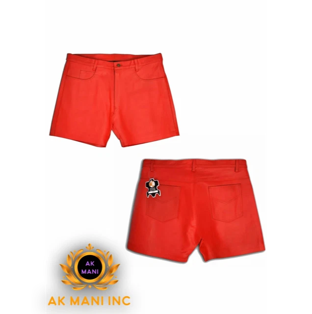 Men's Genuine Leather Short Red Casual 5 Pockets Shorts Zipper Fly Real Leather - Image 1 of 1