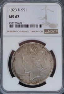 1923-D Peace Dollar NGC Certified MS62 - Picture 1 of 2