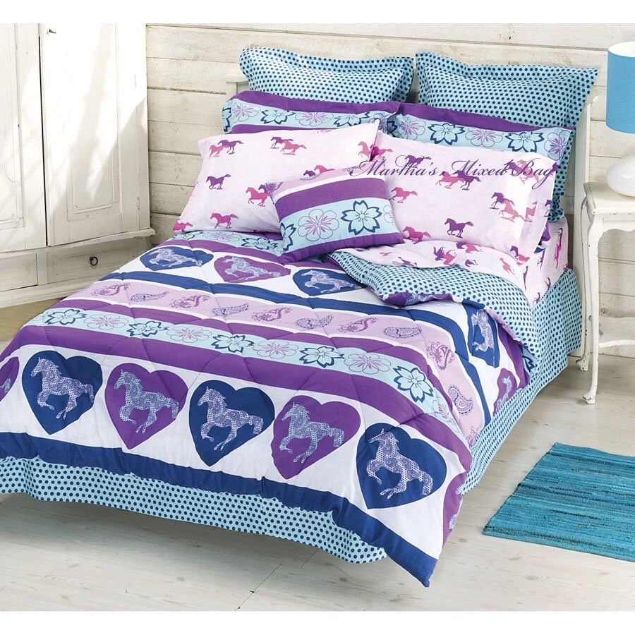 GIRLS Purple Pink Horse Pony Hearts Paisley Comforter Set Sheets Bed In A Bag - Image 1 of 3
