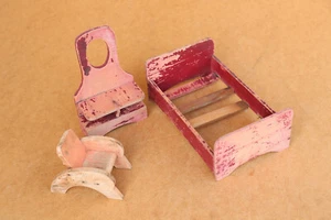 Old Antique Primitive Wooden Wood Toys Chair Bed for Dolls Diorama Early 20th - Picture 1 of 12