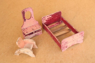 Vintage Toys Antique Primitive Wood Toys Chair Bed for Dolls Diorama Early 20th - Image 1 of 4