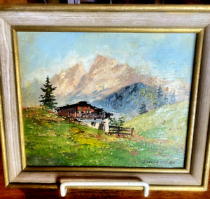 Vintage gerahmtes Gemälde, Schweizer Szene, Berge, Chalet, signiert, John P. Keller