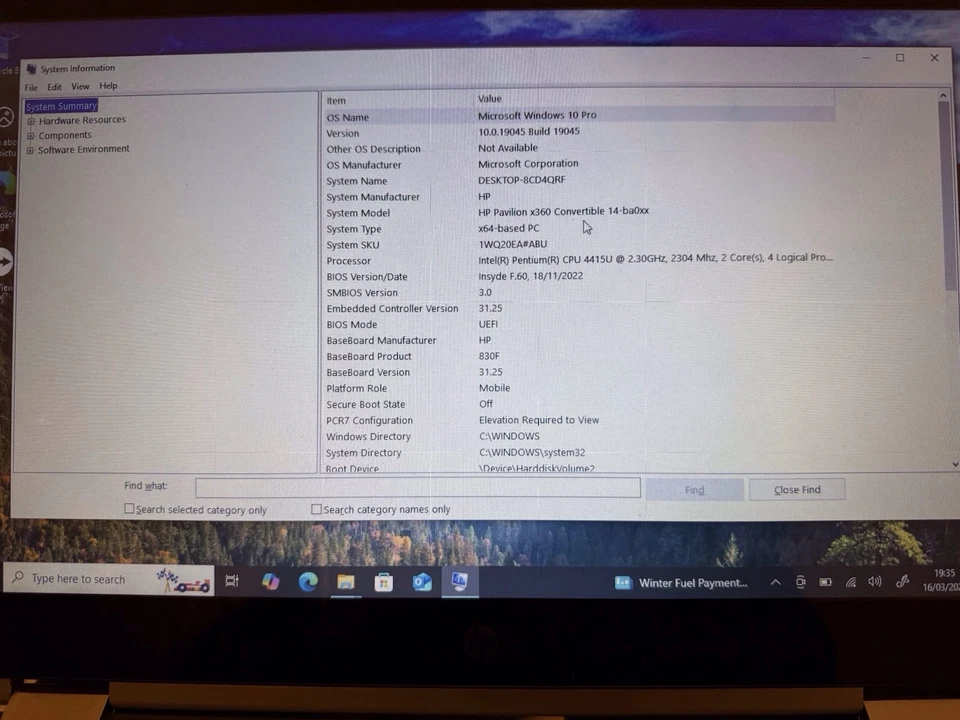 HP Pavillion x360 14-ba091sa - Intel Pentium 4415U, 4GB, 128GB - 14" Win 10 - B - Image 1 of 1