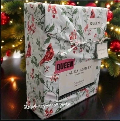 4pc Laura Ashley QUEEN Bed Red Cardinal Holly Berry Holiday Sheet Set Cotton - Image 1 of 4