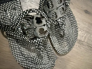 Tory Burch Miller Black Polka Dot Leather Sandals Women’s Size 10M Preowned - Picture 1 of 10