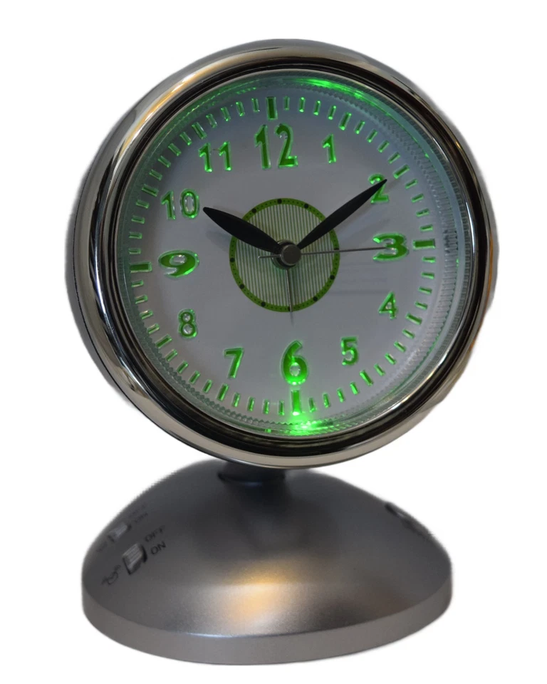 SPOTLIGHT:GREEN LED LIGHT WITH ON/OFF SILVER CASE DESKTOP ALARM CLOCK WHITE DIAL - Image 1 of 4