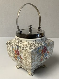 Vintage Floral Biscuit Barrel, Silver Plate Lid Lancaster and Sandland - Picture 1 of 8