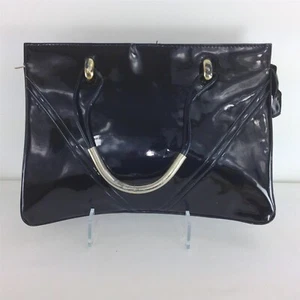 Bolso de Mano De Colección Años 60 Cuero Patente Negro Doble Manija Tono Dorado Cierre con Cremallera - Imagen 1 de 11