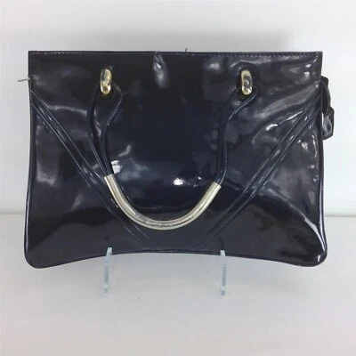 Vtg 60s Satchel Handbag Black Patent Leather Double Handle Gold Tone Zip Closure - Image 1 of 4