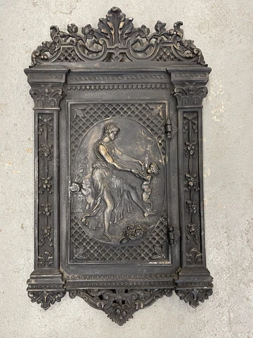 Primitive CAST Iron/Aluminum Victorian Fireplace Stove Door Cover Woman Children Cover