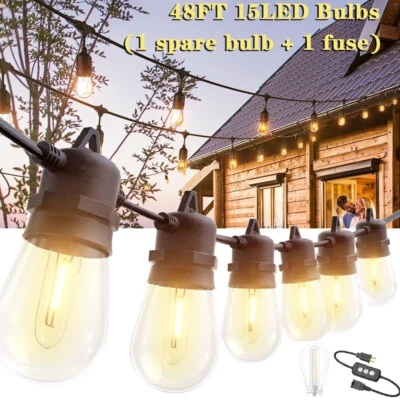 48 FT Outdoor String Lights Commercial Grade Weatherproof 15 bulb Heavy Duty US - Image 1 of 4