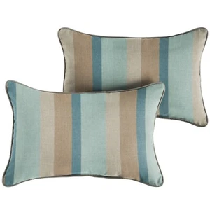Blue Taupe Stripe Silver Grey Indoor/Outdoor Pillows Set of 2 Corded Sunbrella - Picture 1 of 5