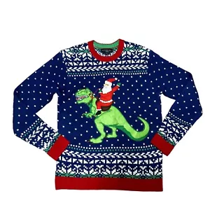 UGLY CHRISTMAS SWEATER SIZE S SANTA RIDING A T REX BLUE RED BLIZZARD BAY MENS - Picture 1 of 5