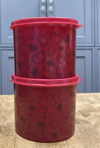 Tupperware Set of 2 Valentine Canisters-2 Cups-Sparkly Red w/Printed Hearts-NEW - Picture 1 of 3