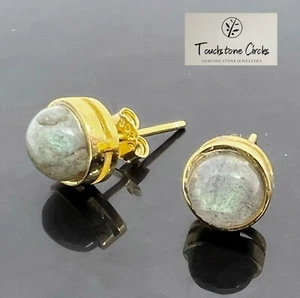 Moonstone Stud Earrings Gold on 925 Sterling Silver 7mm Diameter Genuine Stone - Picture 1 of 5