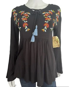 One World Floral Embroidered Boho Peasant Blouse Size S Taseled Bell Sleeve NEW - Picture 1 of 7