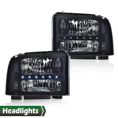 Fit For 2005-2007 F250 F350 F450 Super Duty LED DRL Black Clear Headlights Lamps - Image 1 of 4
