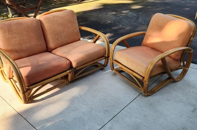 Juego de silla y sofá de billar vintage de 3 piezas de ratán para patio MCM madera curvada bambú Foto 1 de 4