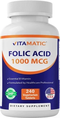 Ácido fólico vitamático 1000 mcg (1 mg) - Comprimidos vegetarianos - 1667 mcg DFE - Vitamina Foto 1 de 4