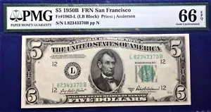1950B $5 Federal Reserve Note Fr-1963-L San Francisco PMG66 Gem EPQ - Picture 1 of 4