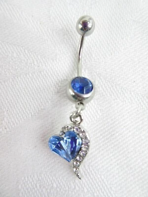 Rhinestone Heart Belly Button Ring Dangle Drop Tassel Blue Crystal Clear Glam - Image 1 of 4