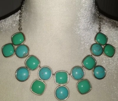 Beautiful Signed TRIFARI Silver-Tone Faux Blue Turquoise Green Cabochon Necklace - Image 1 of 4