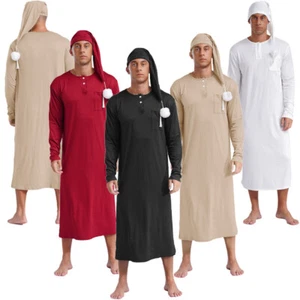 Men Robe Arabian Pajama With Hat Nightwear Halloween Dress Up Solid Color Cap - Picture 1 of 53