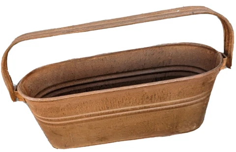Rustic rust metal oval decorative basket with moveable handle  9 x 5 x 3 inches Cover