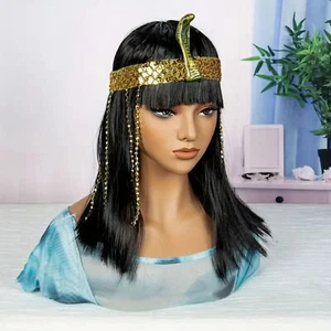 Disfraz de reina egipcia peluca pelo negro 14 pulgadas sintético recto + Bangs Cosplay - Imagen 1 de 9