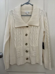NEW St. John’s Bay Cream Medium Chunky Cable Knit Cardigan Sailor Collar Button - Picture 1 of 10