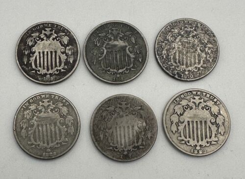 6 Shield Nickels Small Group Mixed Dates All Circulated