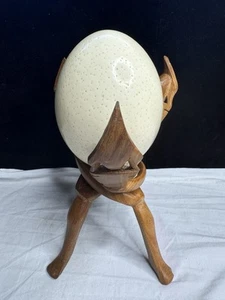 Vintage Mid Century Ostrich Egg On Hand Carved Wooden Stand Decor - Picture 1 of 8