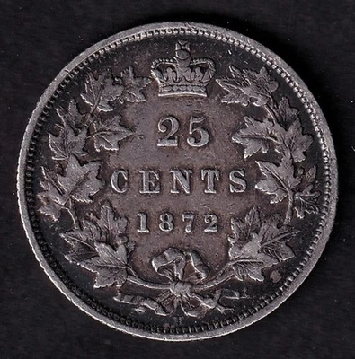 Canada 1872H 25c Twenty Five Cent Silver Quarter Queen Victoria Small  "2" .925 - Image 1 of 2