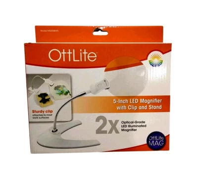 全新带盒 OTTLITE 白色 5 英寸灵活臂 LED 2x 放大镜 带夹子 + 支架 MG016INT5 FS — 第 1/4 张图片