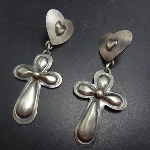Vintage Southwestern REPOUSSE SterlingSilver HEART CROSS Dangle EARRINGS Pierced - Picture 1 of 15