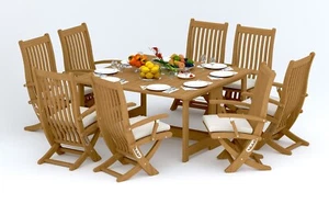 9-Piece Outdoor Teak Dining Set: 60" Butterfly Table 8 Reclining Arm Chairs Wraw - Picture 1 of 7