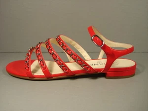 Chanel 36/5.5 Red Leather 4 Straps Silver Woven Chain CC Sandals Flats New - Picture 1 of 12