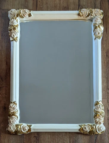 Vintage Syroco Cream Rectangular Mirror W/Pink Roses & gold leaves 32x24 Cover
