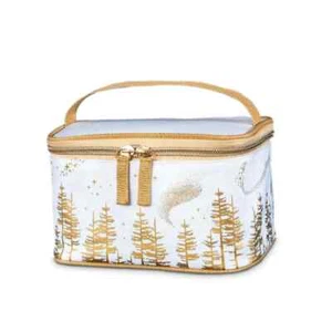 Elegant Christmas Makeup Bag Travel Toiletry Carry Purse w/Handle White and Gold - Picture 1 of 11