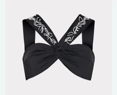 NEW Milly Bikini Top Black White Beaded Draped Shoulder Swim M - Image 1 of 4