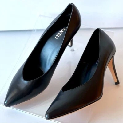 ¡NUEVO CON ETIQUETAS! ($150) Zapatos de salón VANELi de cuero negro Tacones de aguja Punta, Talla 10M Foto 1 de 4