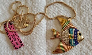 Betsey Johnson Angel Fish Crystal Rainbow Gold tone Pendant 28 inch Necklace - Picture 1 of 3
