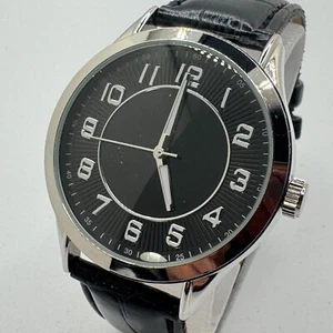 Merona Quartz Watch Men Silver Black Faux Leather Japan Movt Analog New Battery - Picture 1 of 6