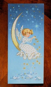 UNBENUTZT süßer ENGEL Mondsichel ausgebreitete Sterne VINTAGE Weihnachtskarte SONNENSCHEIN 8" - Bild 1 von 4