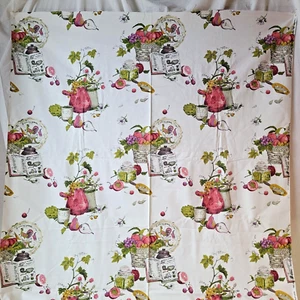 TRUE VINTAGE Mid Century Kitchen Kitsch Floral Motif Screen Print Cotton Fabric - Picture 1 of 6